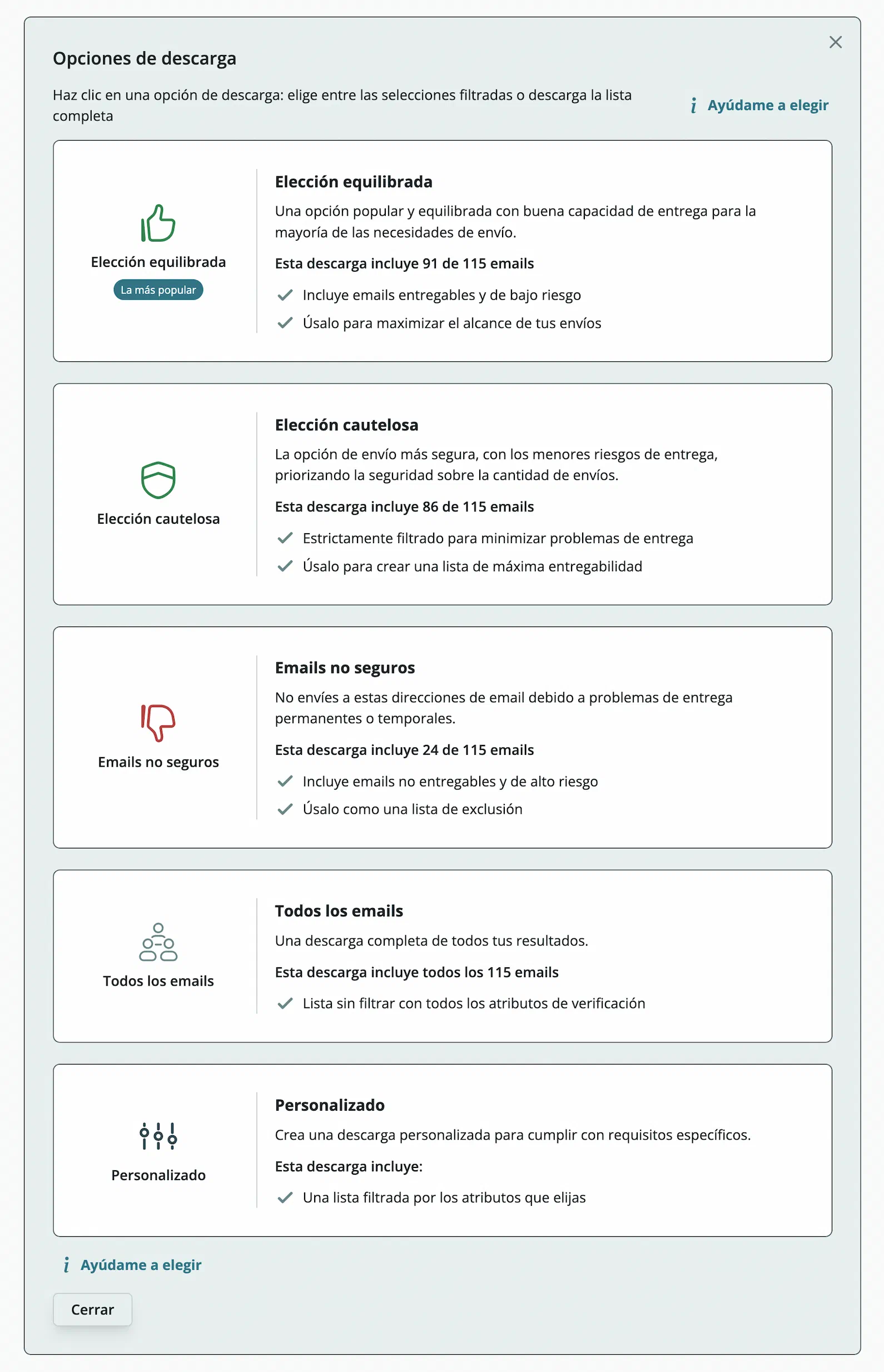 opciones de descarga
