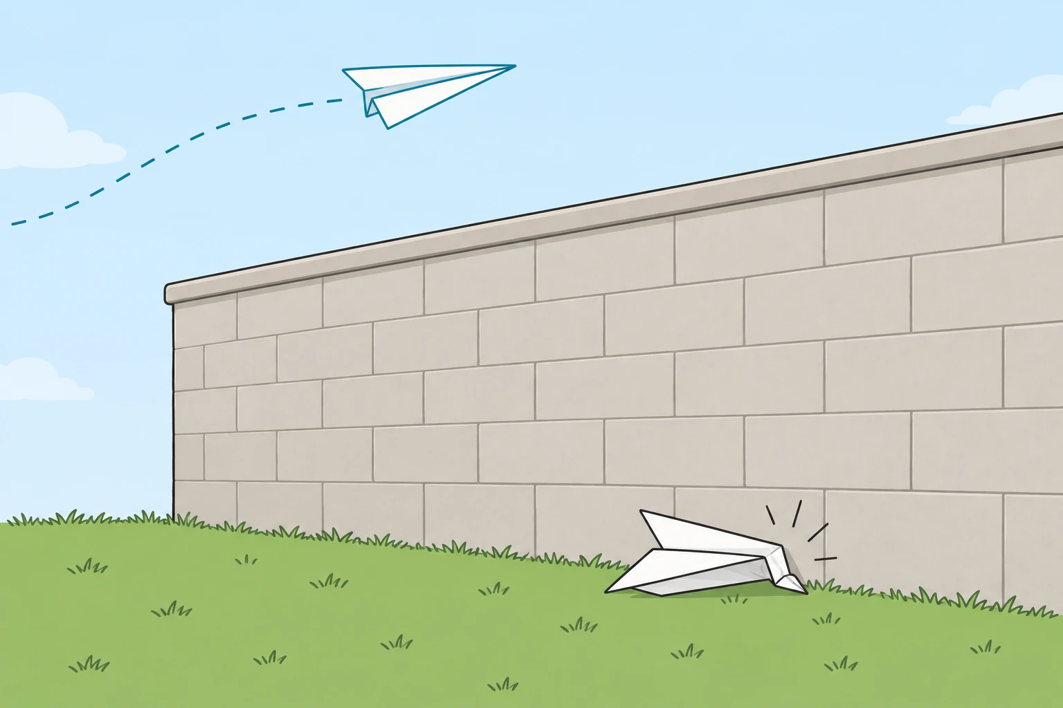 Un avión de papel estrellado al pie de un muro mientras otro vuela por encima